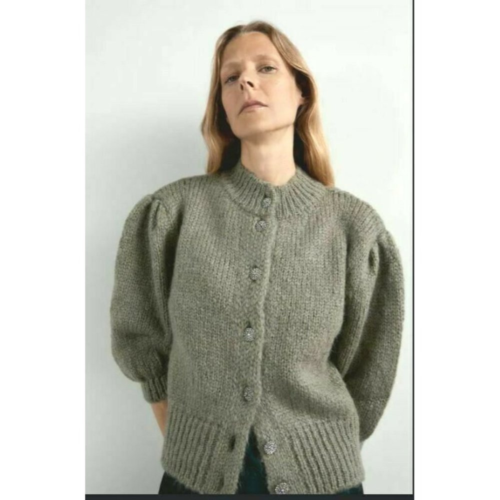 Zara Womens Green Cardigan Sweater L Jewel Buttons
